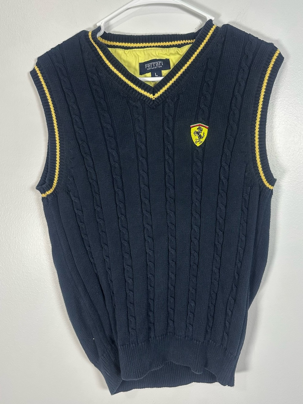 Ferrari Boys Navy Cable Knit V-Neck Sweater Vest with Yellow Trim Size Large